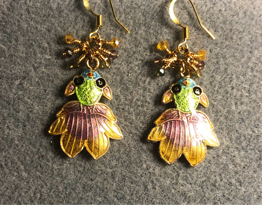 Amber, violet, and green cloisonné goldfish charm earrings adorned with tiny dangling amber, violet, and green Chinese crystal beads.