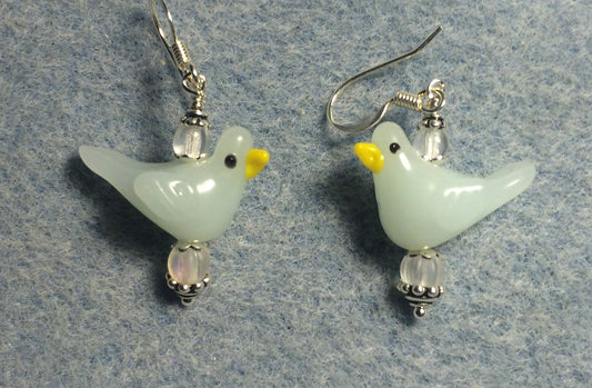 Milky off white lamp work songbird bead earrings adorned with clear Czech glass beads.