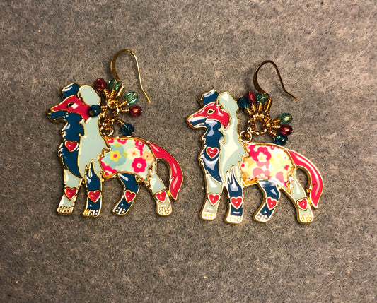 Large turquoise, pink, and aqua enamel collie charm earrings adorned with tiny dangling turquoise, pink, and aqua Czech glass beads.