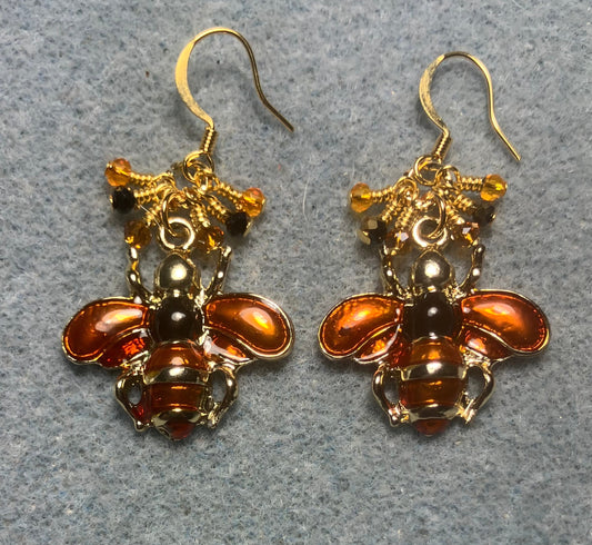 Orange and black enamel honeybee charm earrings adorned with tiny dangling orange and black Chinese crystal beads.