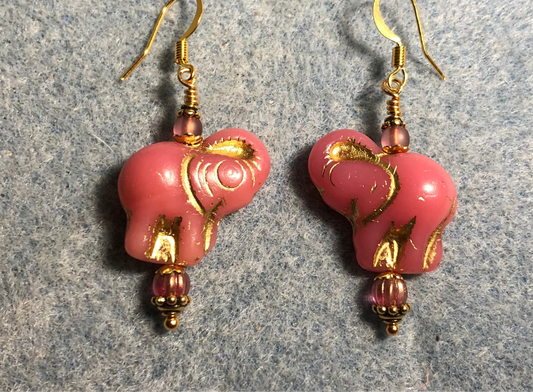 Pink (with gold inlay) Czech glass elephant bead earrings adorned with pink Czech glass beads.