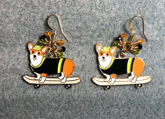 Orange, black, and olive green enamel corgi charm earrings adorned with tiny dangling orange, black, and olive green  Chinese crystal beads.