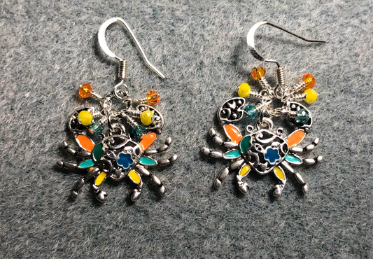 Orange, aqua, and yellow enamel crab charm earrings adorned with tiny dangling orange, aqua, and yellow Chinese crystal beads.