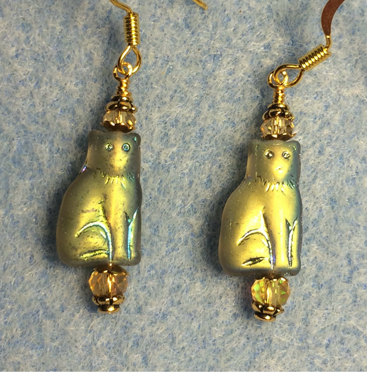 Small metallic light amber Czech glass cat bead earrings adorned with light amber Chinese crystal beads.