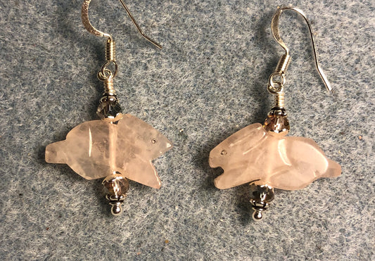 Pink rose quartz Zuni rabbit bead earrings adorned with pink Chinese crystal beads.