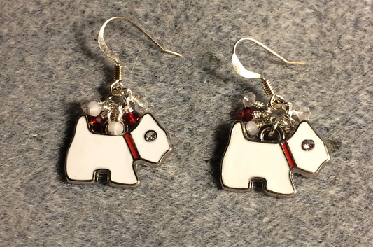 White enamel and rhinestone Scottish terrier dog charm earrings adorned with tiny dangling white, red, and clear Chinese crystal beads.