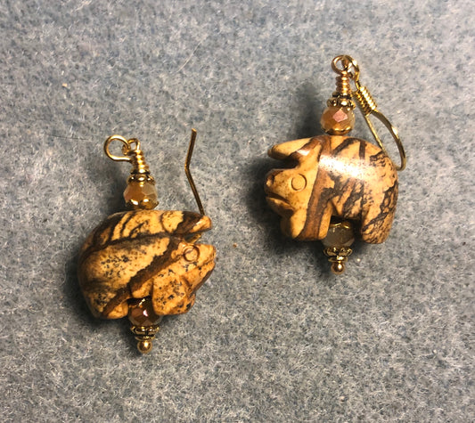 Small tan picture jasper gemstone pig bead earrings adorned with tan Chinese crystal beads.
