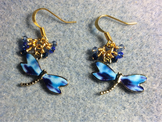 Light blue and dark blue enamel dragonfly charm earrings adorned with tiny dangling light blue and dark blue Chinese crystal beads.