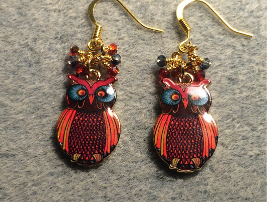 Dark red, blue, and red enamel owl charm earrings adorned with tiny dangling dark red, blue, and red Chinese crystal beads.