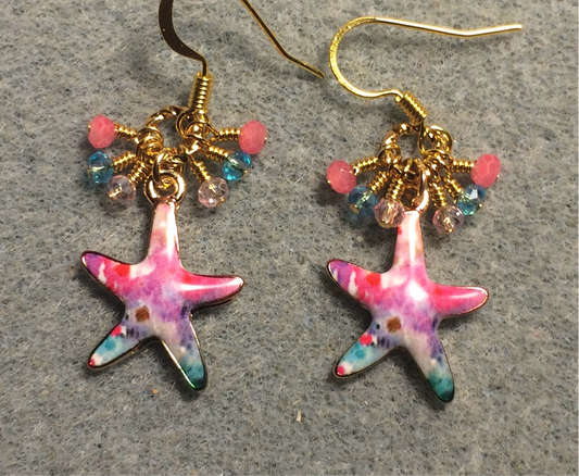 Pink and turquoise enamel starfish charm earrings adorned with tiny dangling hot pink, light pink, and turquoise Chinese crystal beads.