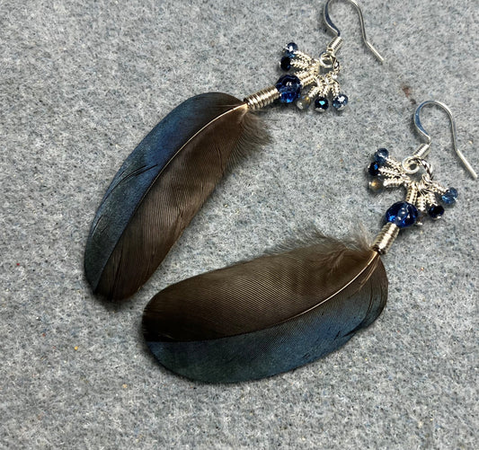 Small blue magpie feather earrings adorned with small blue Czech glass beads and tiny dangling blue Chinese crystal beads.