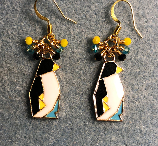 Black, white, yellow, and aqua enamel penguin charm earrings adorned with tiny dangling black, yellow, and aqua Chinese crystal beads.