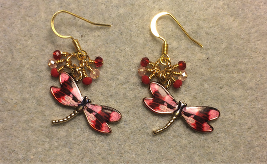 Dark red and pink enamel dragonfly charm earrings adorned with tiny dangling dark red and pink Chinese crystal beads.