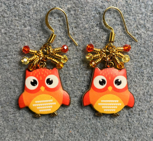 Orange and yellow enamel owl charm earrings adorned with tiny dangling orange and yellow Chinese crystal beads.