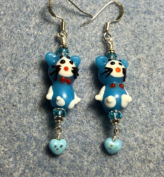 Blue and white lamp work cartoon cat bead earrings adorned with turquoise blue Chinese crystal beads and tiny blue hearts.