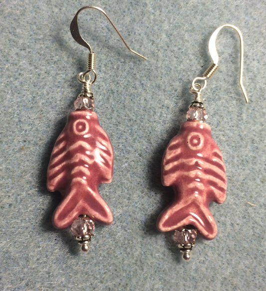 Rose pink ceramic fish bead earrings adorned with rose pink Chinese crystal beads.