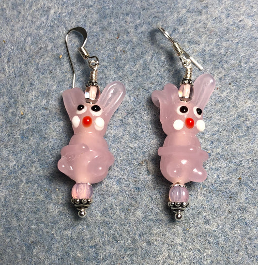 Pink lamp work bunny rabbit bead earrings adorned with pink Czech glass beads.