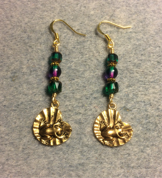 Gold frog on a lily pad charm earrings adorned with teal and teal purple Czech glass beads