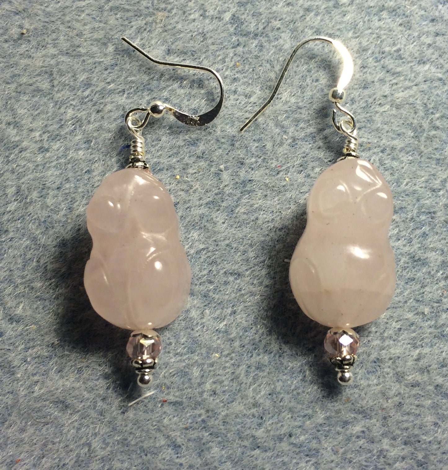 Pink rose quartz gemstone frog bead earrings adorned with pink Chinese crystal beads.