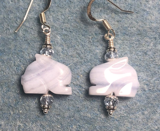 Blue lace agate gemstone rabbit bead earrings adorned with light blue Chinese crystal beads.