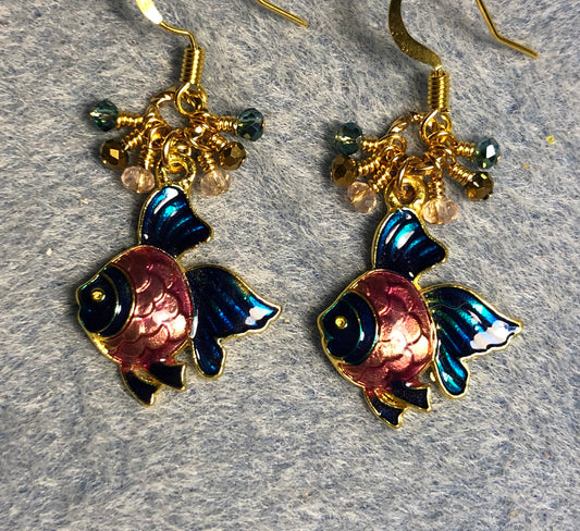Dark teal and rose pink enamel angelfish charm earrings adorned with tiny dangling dark teal, gold, and pink Chinese crystal beads.
