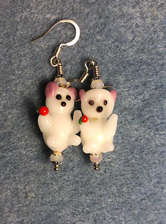 White and pink lamp work teddy bear bead earrings adorned with white Chinese crystal beads.