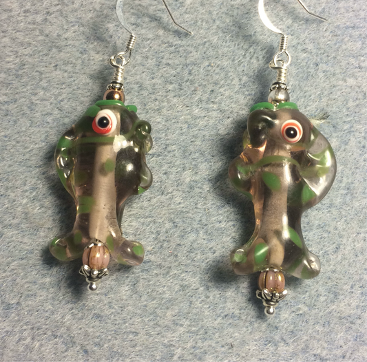Light pink and green lamp work fish bead earrings adorned with light pink Czech glass beads.