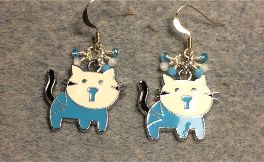 Turquoise, white, and black enamel cat charm earrings adorned with tiny dangling turquoise and white Chinese crystal beads.