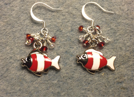 Red and white enamel striped fish charm earrings adorned with tiny dangling red and clear Chinese crystal beads.