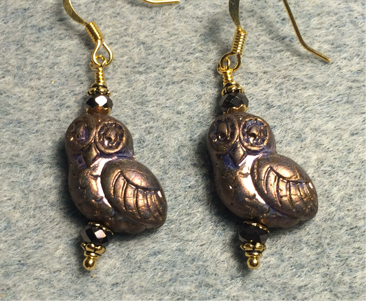 Purple bronze (with copper wash) fancy Czech glass owl bead earrings adorned with purple Chinese crystal beads.