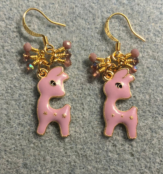 Lavender enamel deer charm earrings adorned with tiny dangling lavender Chinese crystal beads.