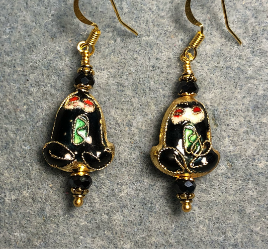 Black cloisonné frog bead earrings adorned with black Chinese crystal beads.