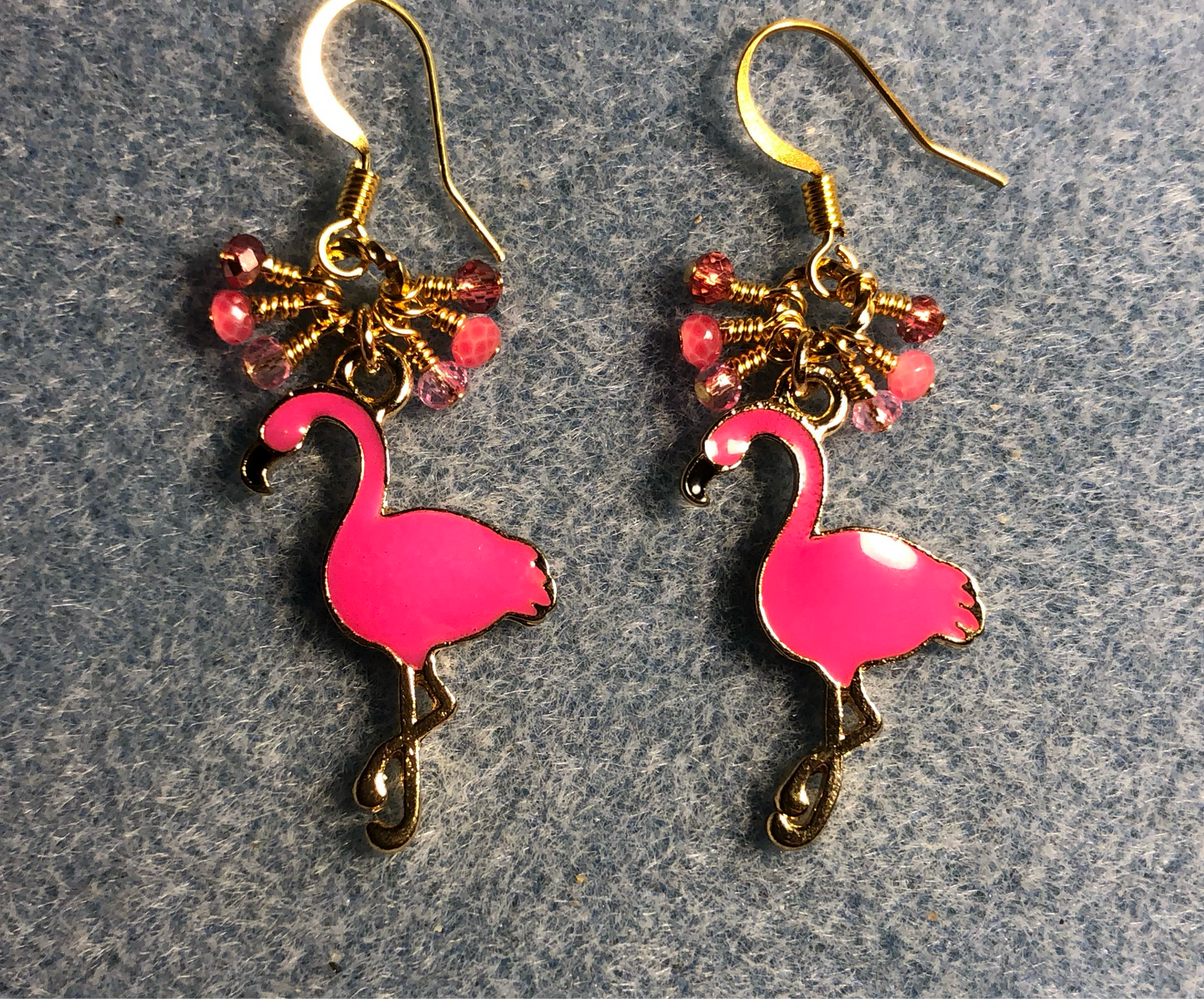 Hot pink enamel flamingo charm earrings adorned with tiny dangling hot pink and rose Chinese crystal beads.