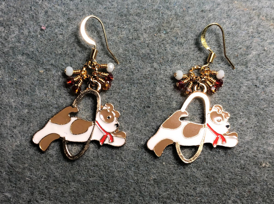 Tan and white enamel dog charm earrings adorned with tiny dangling white, tan, and red Chinese crystal beads.