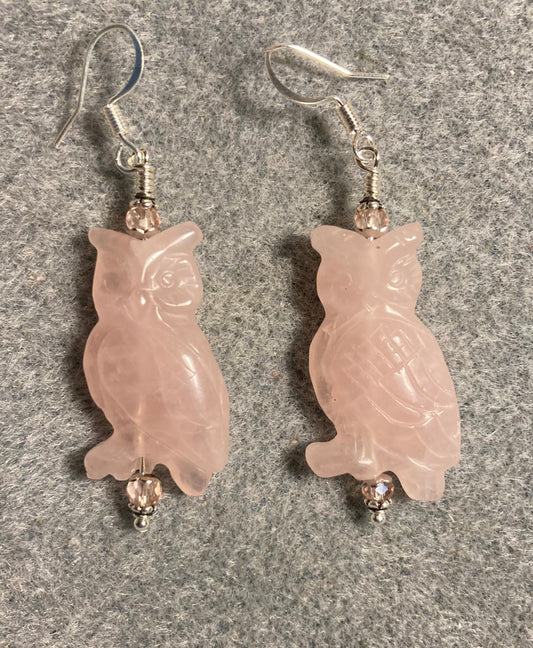 Large pink rose quartz gemstone owl bead earrings adorned with pink Chinese crystal beads.