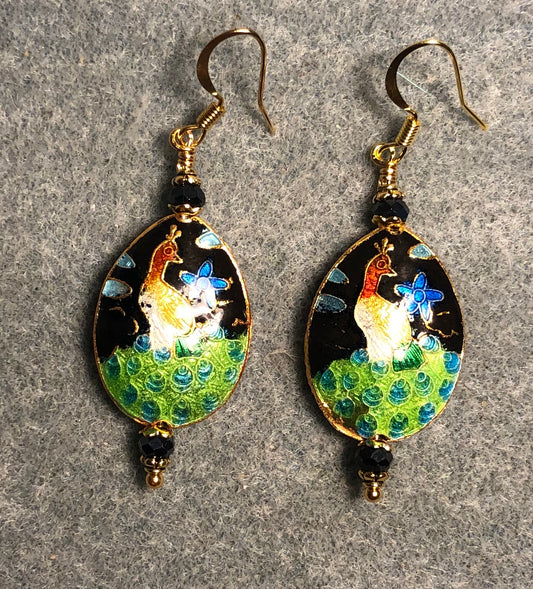 Black, green, and blue cloisonné peacock bead earrings adorned with black Chinese crystal beads.