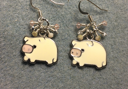 White, pink, and silver enamel pig charm earrings adorned with tiny dangling white, pink, and silver Chinese crystal beads.