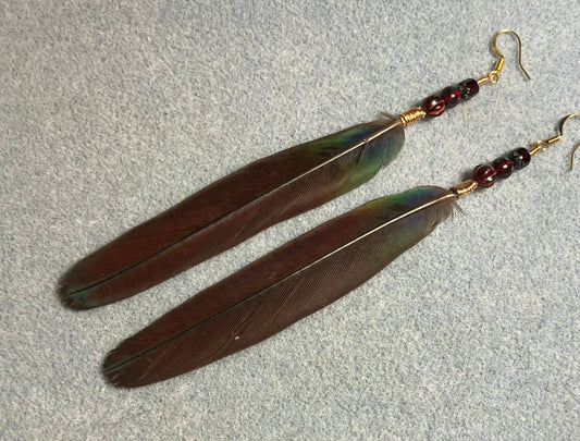 Dark red crimson bellied conure feather earrings adorned with dark red Czech glass beads.