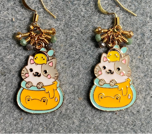 Amber, gray, white, and aqua enamel cat charm earrings adorned with tiny dangling amber, gray, and aqua Chinese crystal beads.