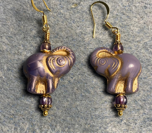 Purple (with gold inlay) Czech glass elephant bead earrings adorned with purple Czech glass beads.