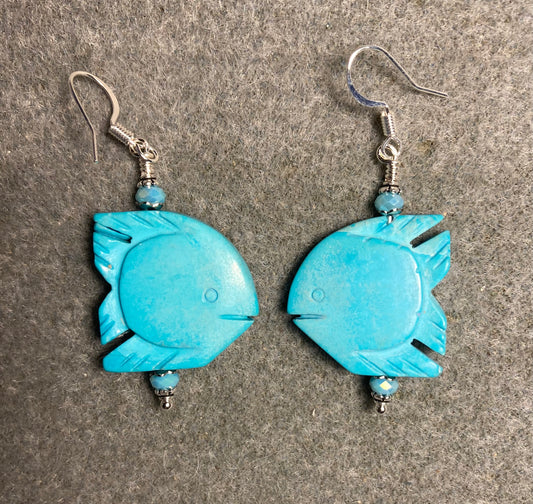 Large turquoise gemstone angelfish bead earrings adorned with turquoise Chinese crystal beads.