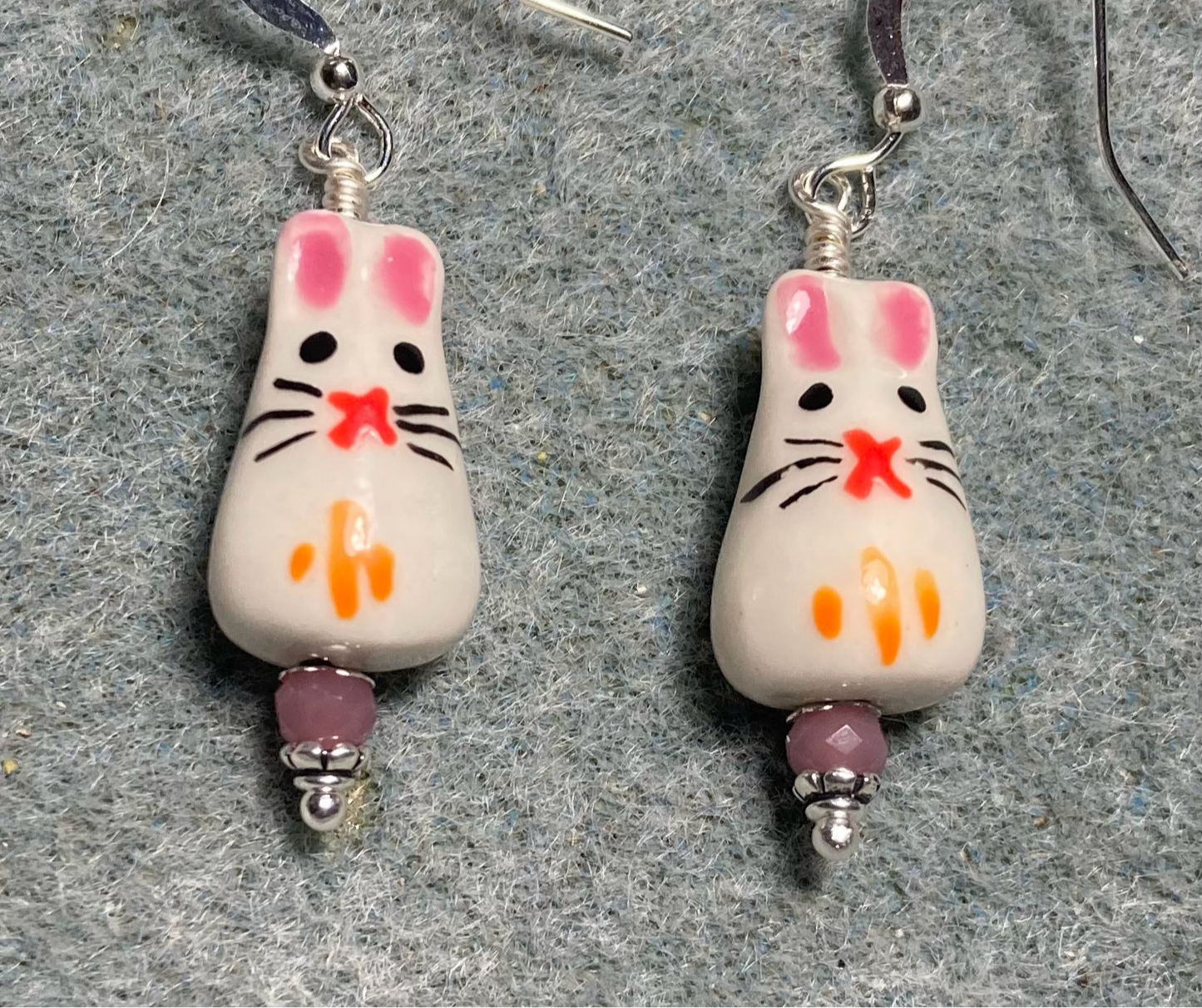 Small pink and white ceramic bunny rabbit bead earrings adorned with rose pink Chinese crystal beads.