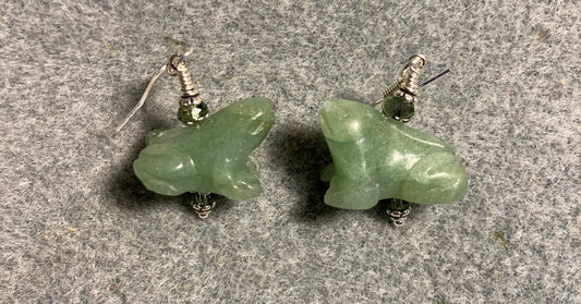 Green aventurine gemstone frog bead earrings adorned with sparkly green Chinese crystal beads.