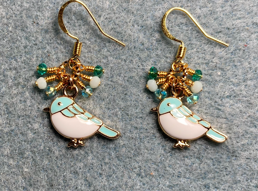 Small turquoise and white enamel songbird charm earrings adorned with tiny dangling turquoise, white, and teal Chinese crystal beads.
