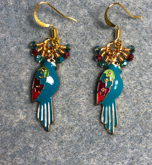 Turquoise and purple enamel parrot charm earrings adorned with tiny dangling turquoise and purple Chinese crystal beads.