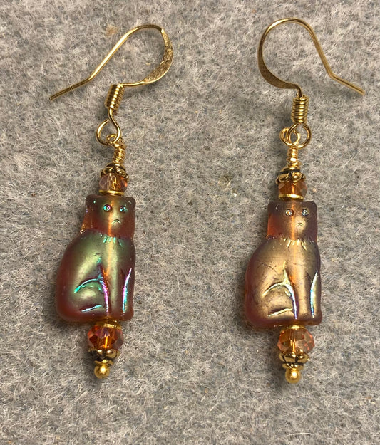 Small metallic topaz Czech glass cat bead earrings adorned with topaz Chinese crystal beads.