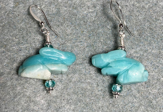 Large turquoise amazonite gemstone rabbit bead earrings adorned with turquoise Chinese crystal beads.