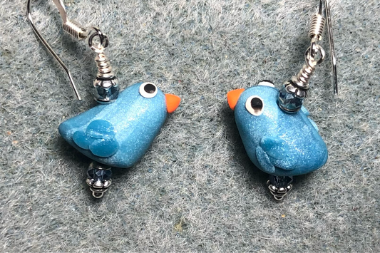 Small light blue polymer clay bird bead earrings adorned with light blue Chinese crystal beads.