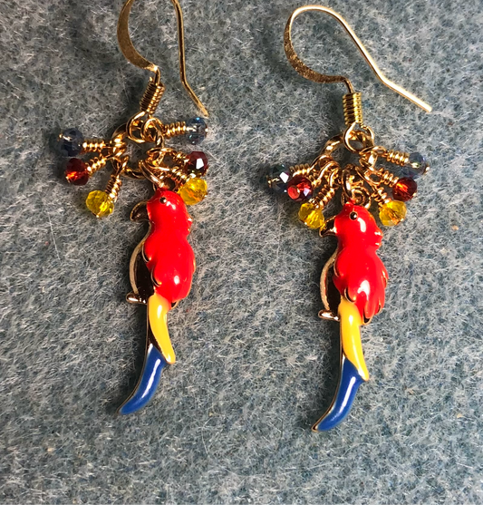 Red, yellow, and blue enamel parrot charm earrings adorned with tiny dangling red, yellow, and blue Chinese crystal beads.