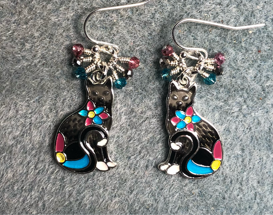 Gray, rose, and turquoise enamel cat charm earrings adorned with small dangling gray, rose, and turquoise Chinese crystal beads.